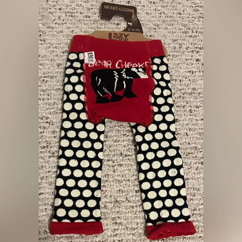 Lazy One Black and White Polka Dot Bear Cheeks Leggings NWT 12/18‎ mo